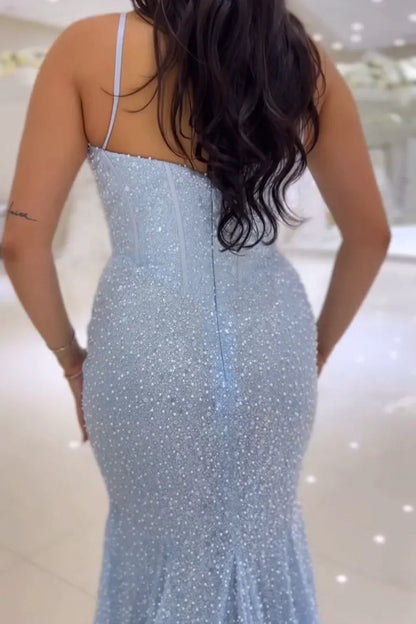 Long Light Sky Blue Prom Dresses Sequins Mermaid Sweetheart