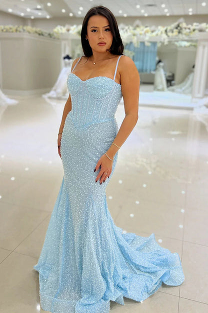 Long Light Sky Blue Prom Dresses Sequins Mermaid Sweetheart