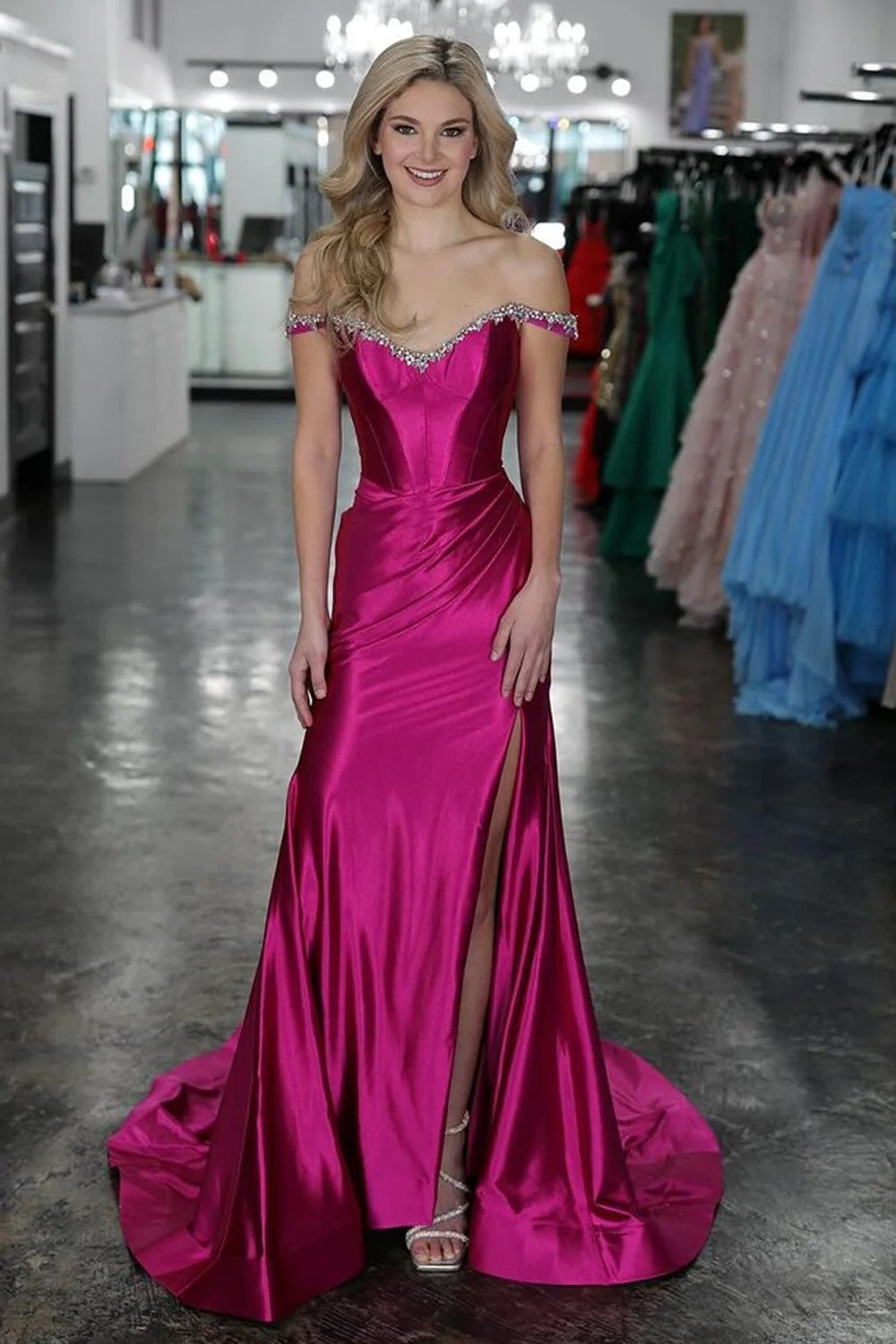 Sparkly Mermaid Fuchsia Off the Shoulder Corset Long Prom Dress