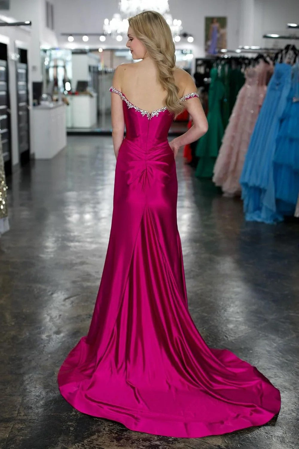 Sparkly Mermaid Fuchsia Off the Shoulder Corset Long Prom Dress