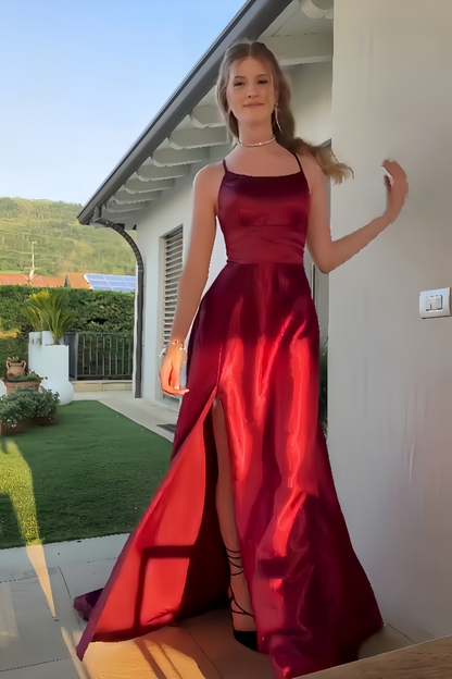 Square-Neck Spaghetti Straps Sleeveless Satin Long Simple A-Line Prom Dress with Slit