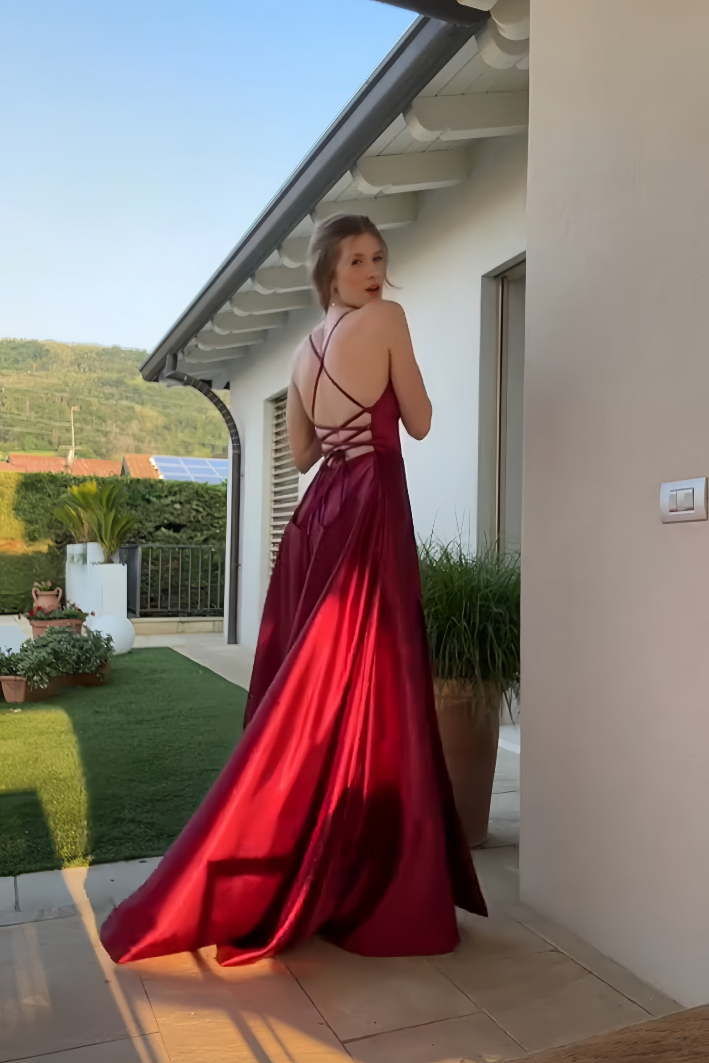 Square-Neck Spaghetti Straps Sleeveless Satin Long Simple A-Line Prom Dress with Slit