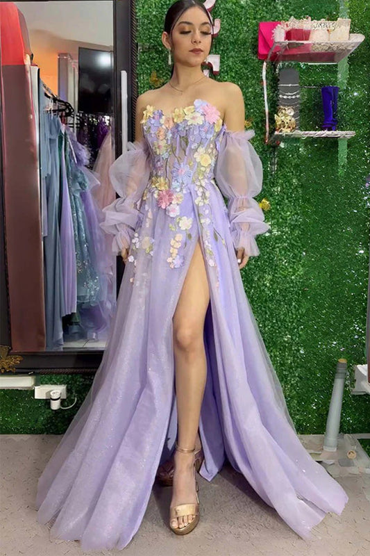 Strapless 3D Floral Lavender Prom Dress with Detachable Sleeves