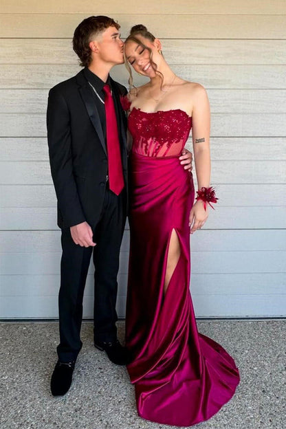 Strapless Appliques Fitted Burgundy Prom Dress Party Dress