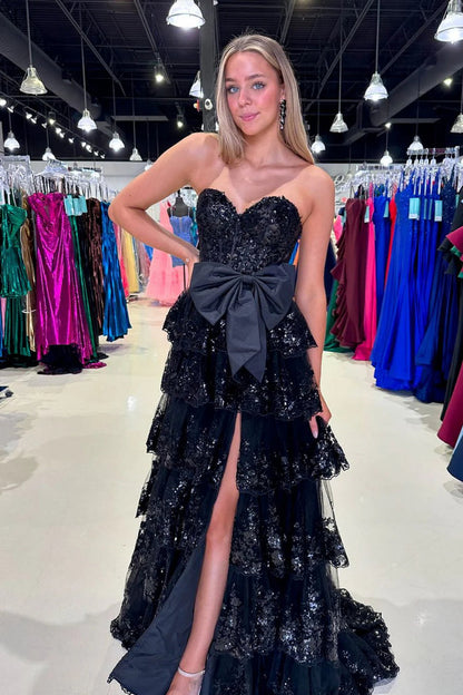 Black Sequin Strapless Prom Evening Gown