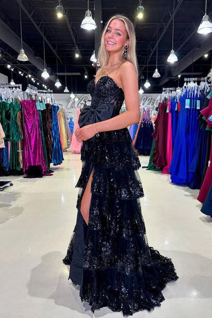 Black Sequin Strapless Prom Evening Gown