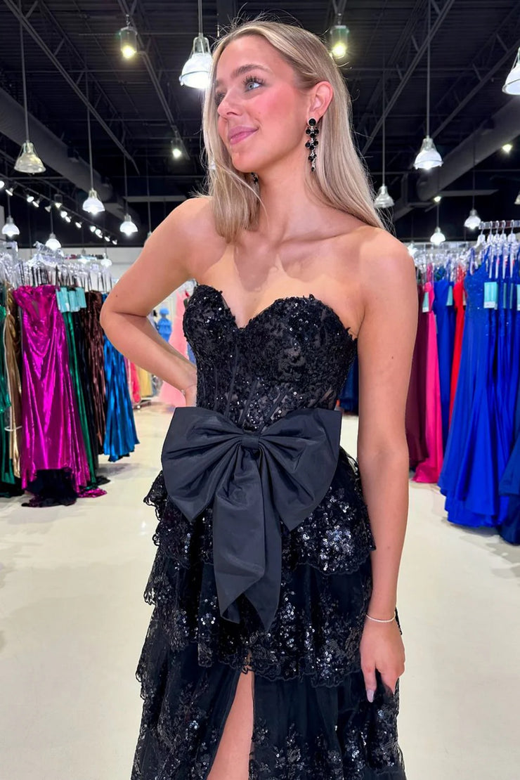Black Sequin Strapless Prom Evening Gown