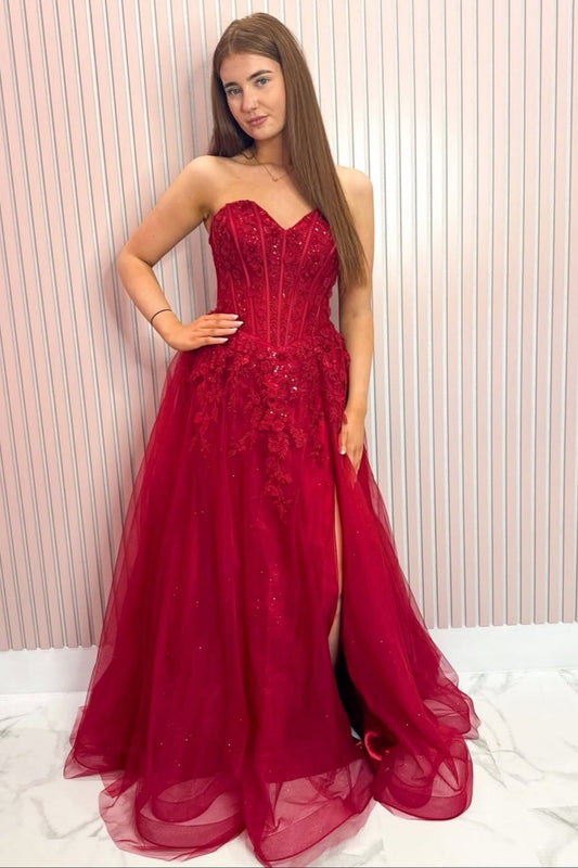 Strapless Burgundy Lace Long Prom Dress with High Slit