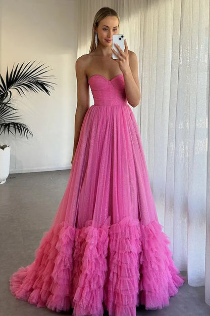 Strapless Corset Ruffles Tulle Fuchsia Long Prom Dress
