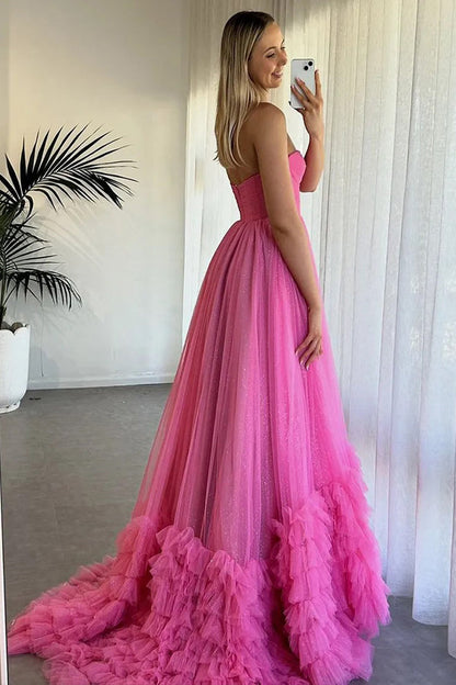 Strapless Corset Ruffles Tulle Fuchsia Long Prom Dress