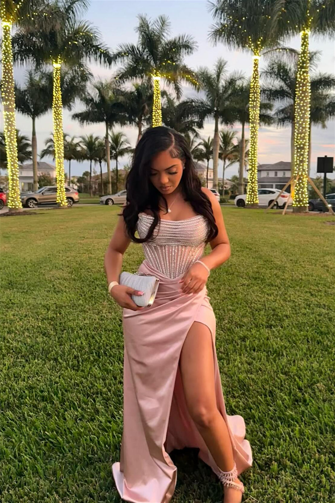 Strapless Dusty Rose Diamond Long Dress with Slit