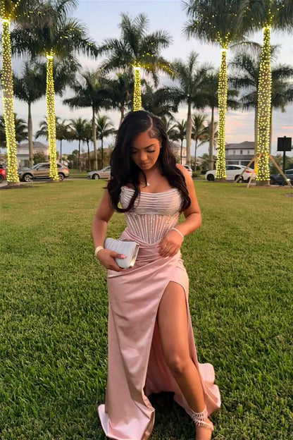 Strapless Dusty Rose Diamond Long Dress with Slit