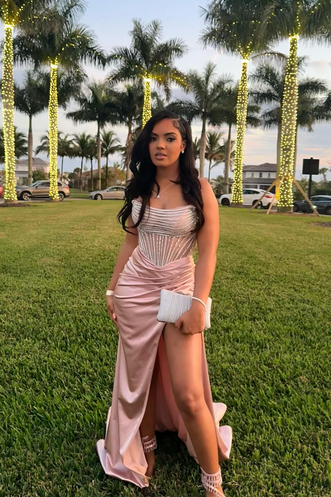 Strapless Dusty Rose Diamond Long Dress with Slit