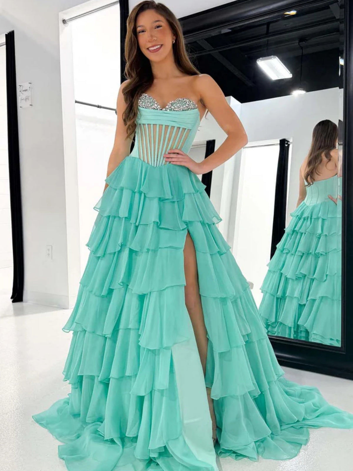Strapless Green Sheer Layered Long Prom Dress