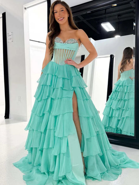 Strapless Green Sheer Layered Long Prom Dress