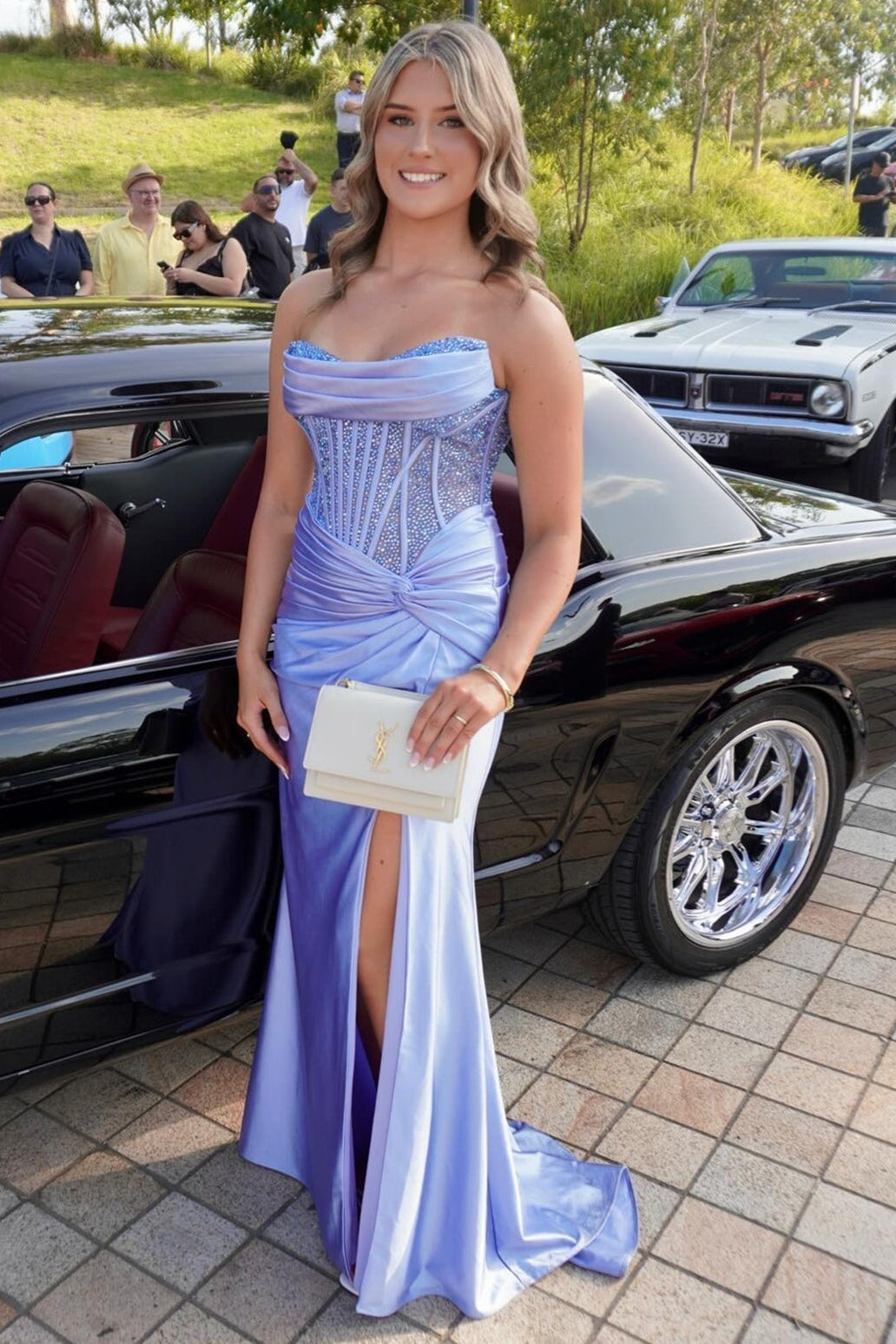 Strapless Lavender Beaded Mermaid Long Dress