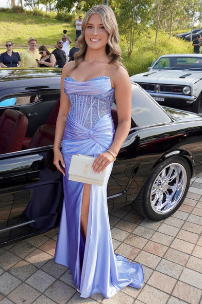 Strapless Lavender Beaded Mermaid Long Dress