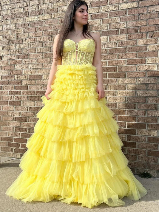 Strapless Layered Yellow Lace Long Prom Dress
