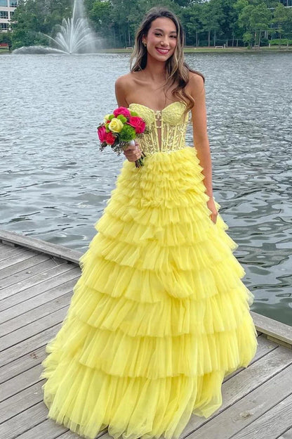 Strapless Layered Yellow Lace Long Prom Dress