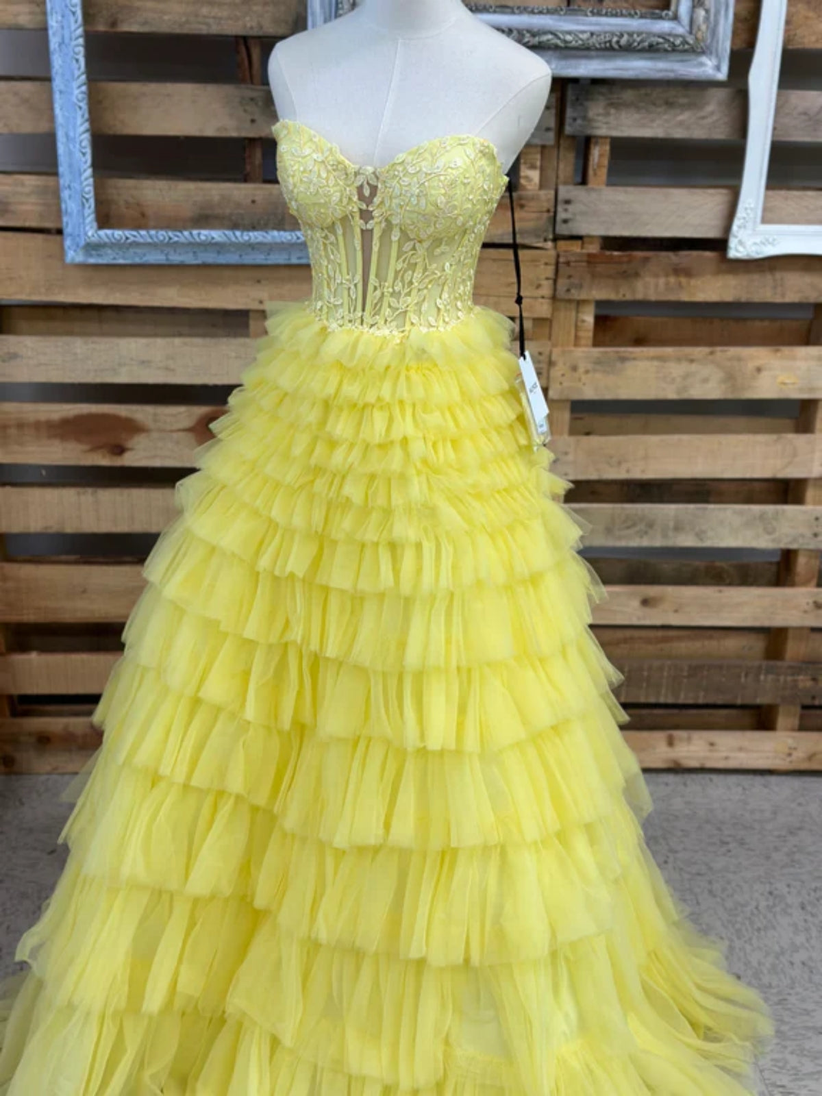 Strapless Layered Yellow Lace Long Prom Dress