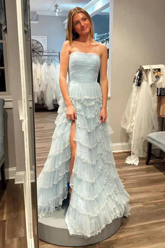 Tube Top Sleeveless Sequined Beaded Tulle Pleated  Tiered A-line Prom Dress with High Slit