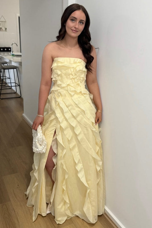 Strapless Light Yellow Ruffled Long Dress with Slit