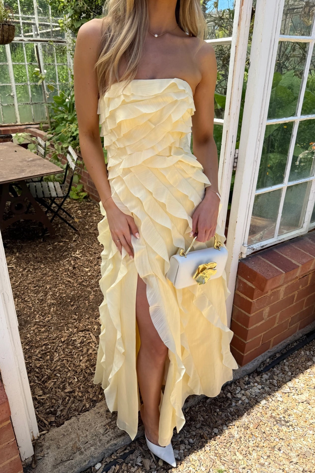 Strapless Light Yellow Ruffled Long Dress with Slit