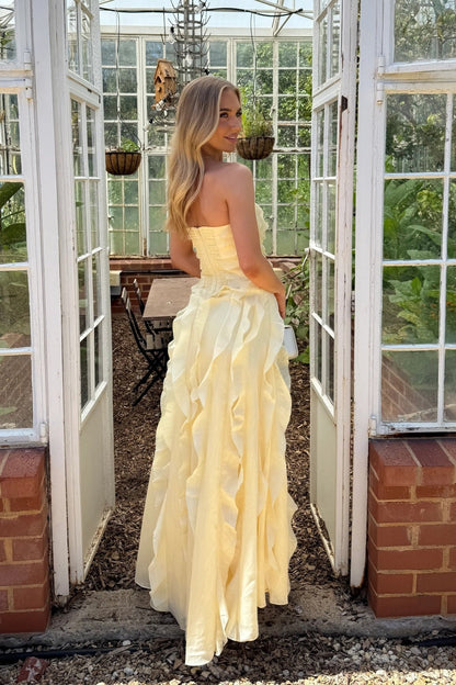 Strapless Light Yellow Ruffled Long Dress with Slit