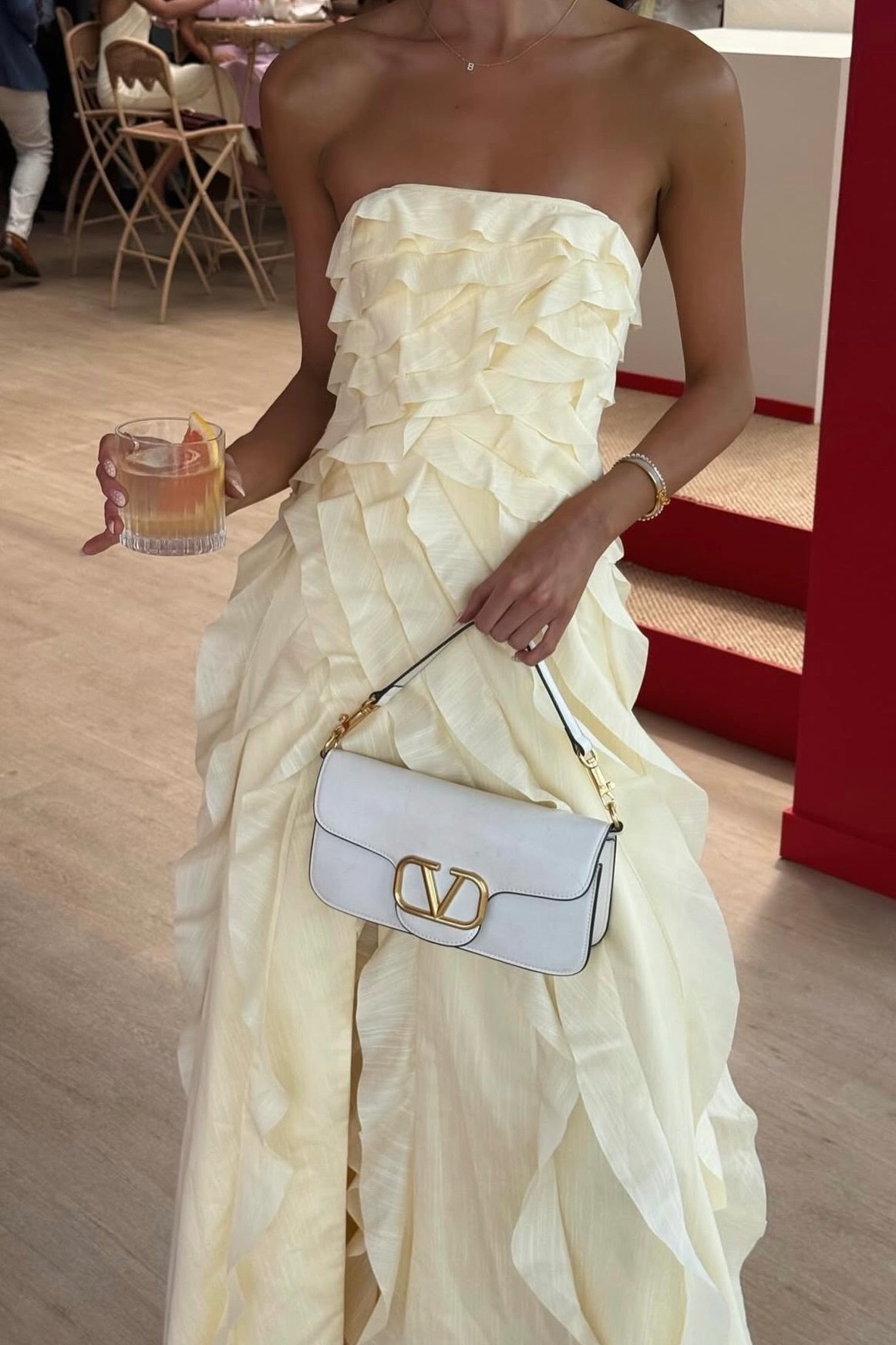 Strapless Light Yellow Ruffled Long Dress with Slit
