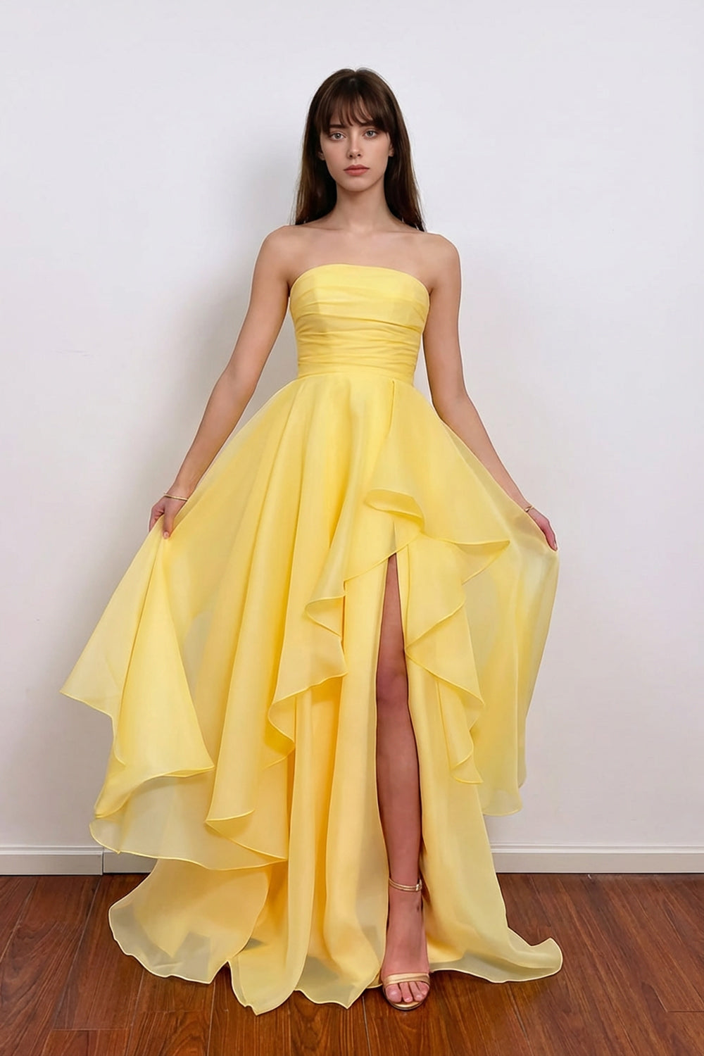 Strapless Tulle Pleated Layered Yellow Prom Dress With Split