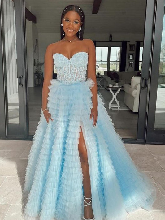 Strapless Ruffle Light Blue Lace Long Prom Dress