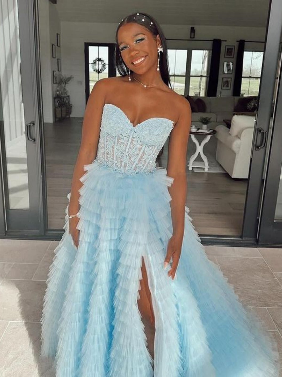 Strapless Ruffle Light Blue Lace Long Prom Dress
