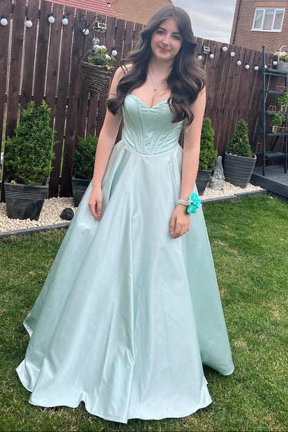 Strapless Sage Green A-line Satin Long Dress