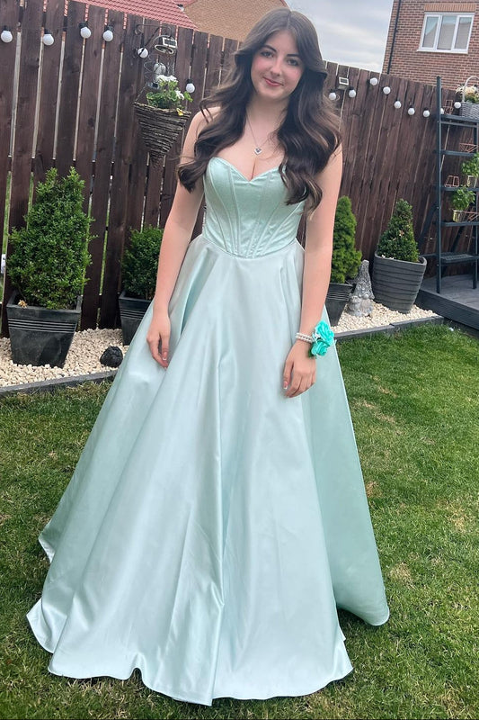 Strapless Sage Green A-line Satin Long Dress