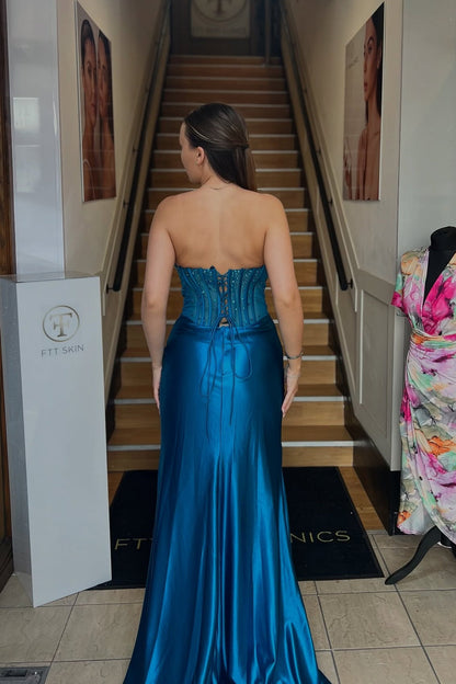 Strapless Sage Green Beaded Mermaid Long Dress with Slit