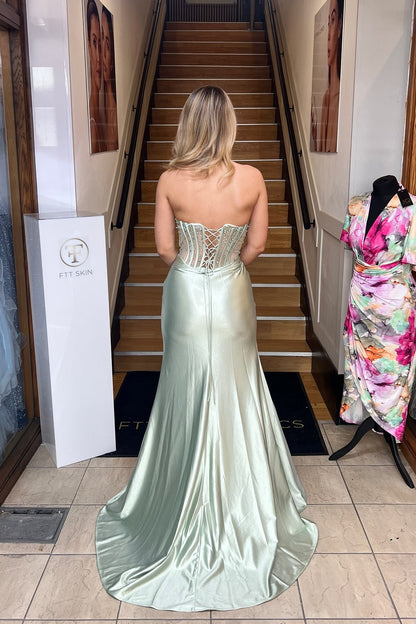 Strapless Sage Green Beaded Mermaid Long Dress with Slit