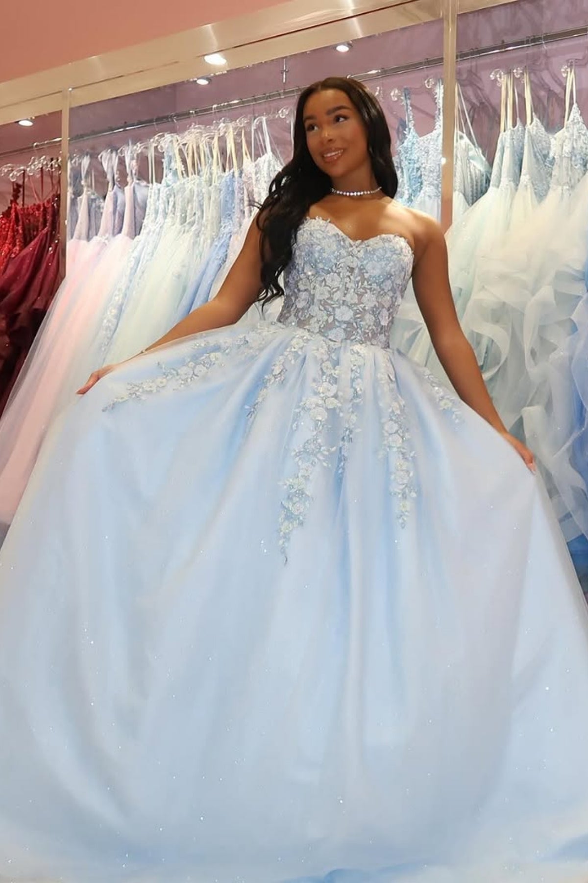 Strapless Sweetheart Neck Light Blue Lace Floral Long Prom Dress