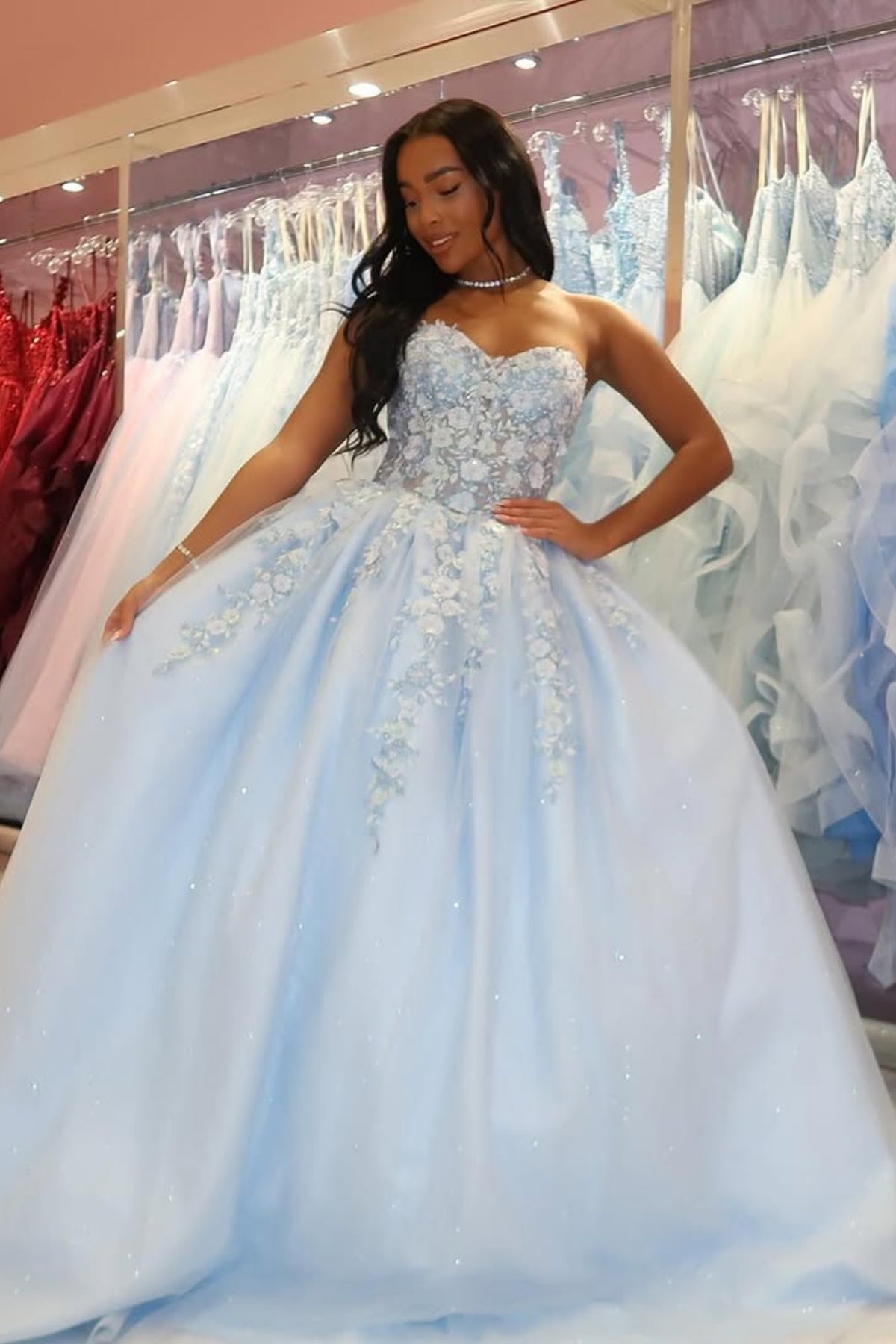 Strapless Sweetheart Neck Light Blue Lace Floral Long Prom Dress