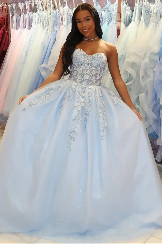 Strapless Sweetheart Neck Light Blue Lace Floral Long Prom Dress