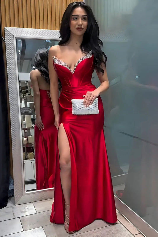 Strapless V Neck Mermaid Red Satin Long Prom Dress with Slit