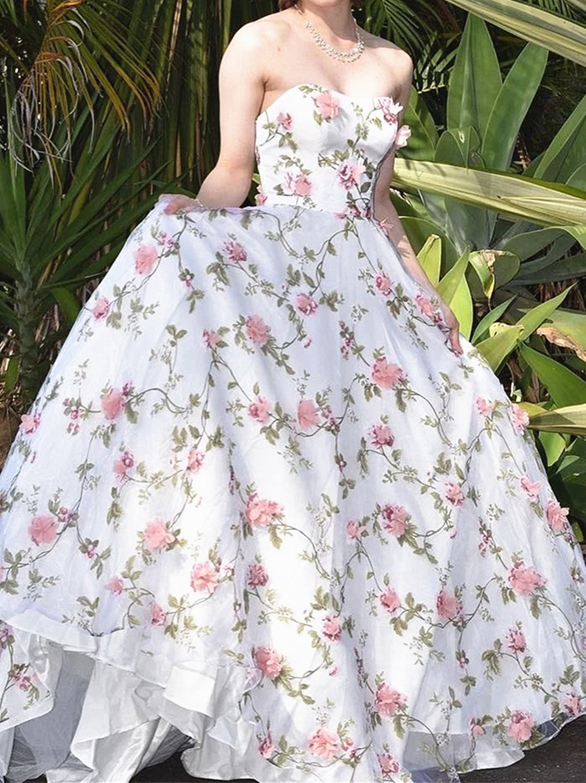 Strapless White 3D Floral Lace Long Prom Dress