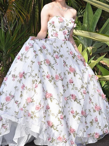 Strapless White 3D Floral Lace Long Prom Dress