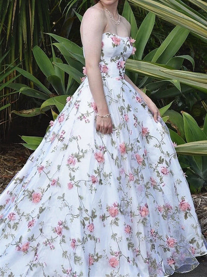 Strapless White 3D Floral Lace Long Prom Dress