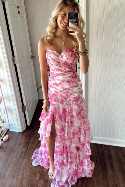 Sweetheart Print-Chiffon Pleated Tiered Party Gowns Off-Shoulder Sleeveless Mermaid Prom Dress