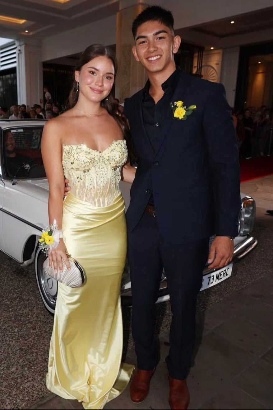 Strapless Yellow Beaded Pleated Mermaid Long Dress