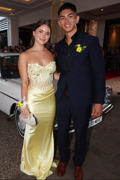 Strapless Yellow Beaded Pleated Mermaid Long Dress