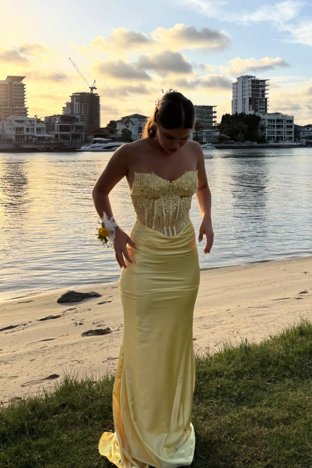 Strapless Yellow Beaded Pleated Mermaid Long Dress
