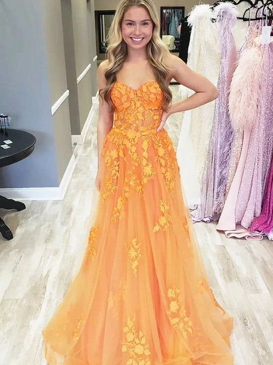 Strapless Yellow Lace Long Prom Dresses