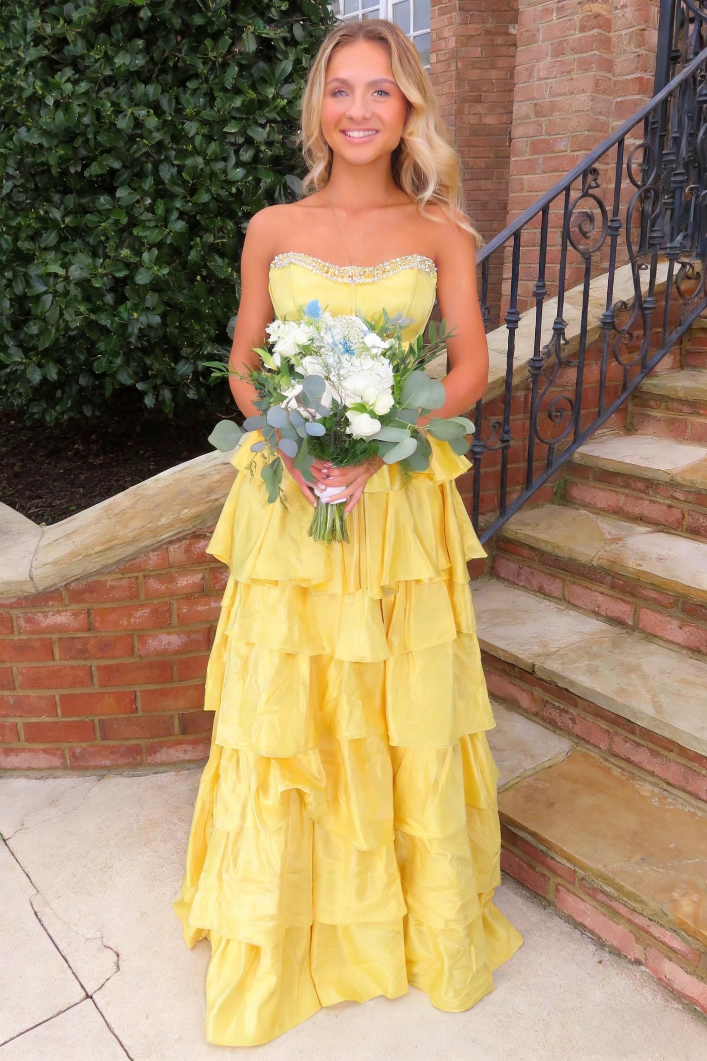 Strapless Yellow Tiered Ruffle Satin Prom Ball Gown