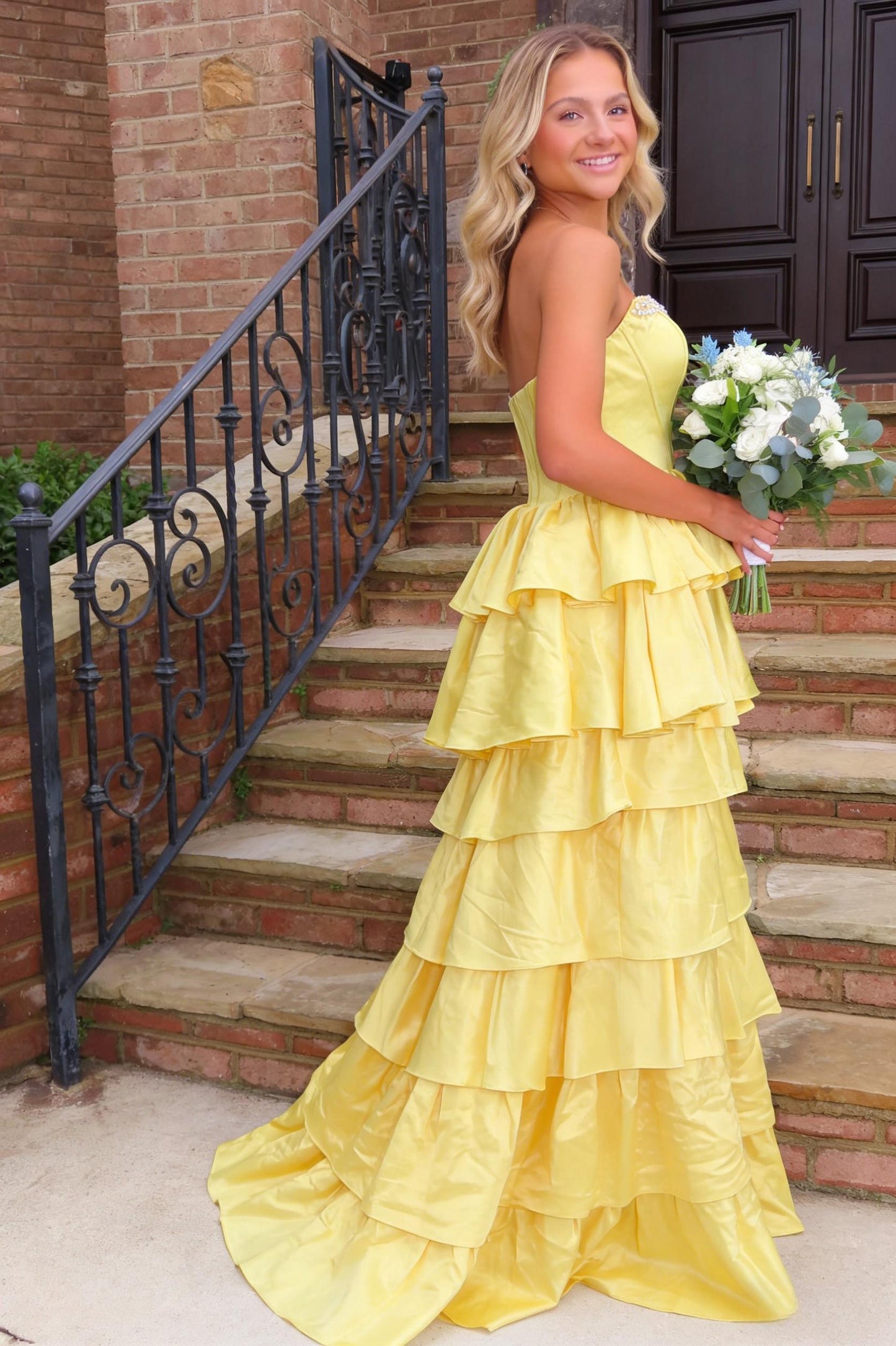 Strapless Yellow Tiered Ruffle Satin Prom Ball Gown